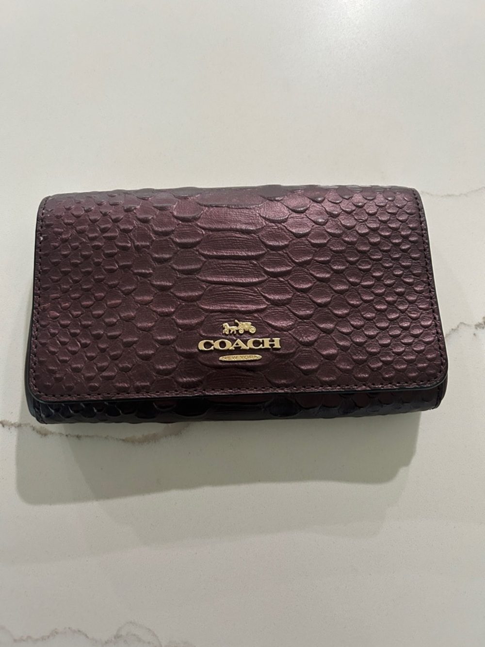 COACH Plum Embossed Leather Wallet with Gold Logo
